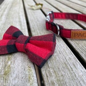 SMALL DOG COLLAR AND BOW TIE, BUFFALO PLAID FLANNEL, SILVER HARDWARE